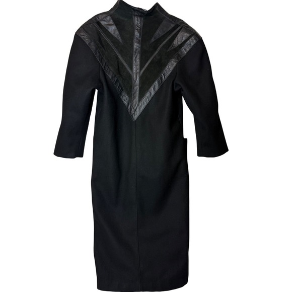 VTG Wool Long Coat Jacket Womens 4 Black Leather Trim David Benjamin Winter FLAW - Picture 2 of 11